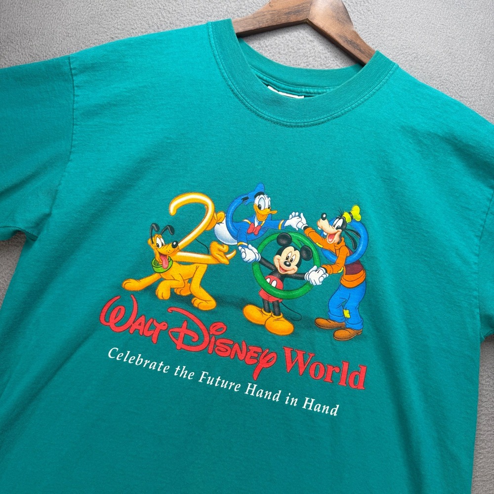VTG Walt Disney World 20th Anniversary T Shirt M Teal Cotton Graphic Mickey Tee
